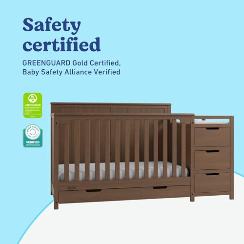 Graco Hadley 5-in-1 Convertible Crib & Changer – GREENGUARD Gold Certified, Fits Standard Crib Mattress, Converts to Toddler Bed and Full Bed, 4 Adjustable Mattress Heights (Hazelnut)