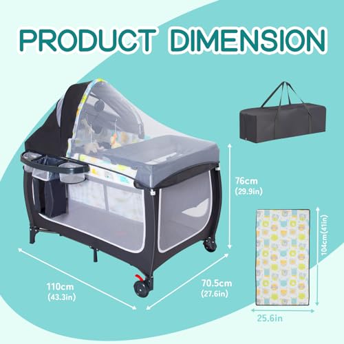 ANNA QUEEN 4 in 1 Pack and Play,Portable Baby Crib Deluxe Nursery Center, Foldable Travel Playard,Adjustable Canopy,Music Box,Changing Table for Newborn, Infant,Toddler