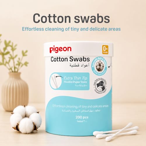 Pigeon Cotton Swabs, Flexible and Soft Paper Stem, 100% Soft Cotton Tips, Thin & Hinged, 200 Pieces, White