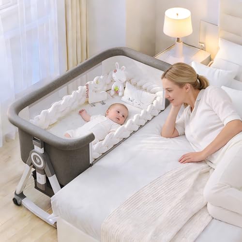 Nawahev Baby Bassinet,3 in 1 Baby Bassinets Bedside Sleeper with Wheels and Mosquito Net,Bedside Bassinet for Baby with Comfy Mattress, Mattress&Breathable Mesh,Storage Basket