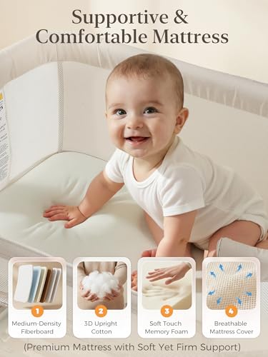 ONTHEWEI Baby Bassinet Bedside Sleeper 3-in-1, Easy Night Feeding with One-Side Fold & Rolling Wheels, Breathable Mesh, 6-Height Adjustable, Soft Mattress for Newborns