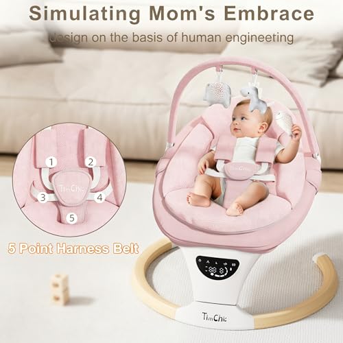 TimChic Baby Swings for Infants, Portable Infant Swing with 5-Speeds, 3-Adjustable Height, 3 Timer & 12 Preset Melodies, Mutil-Function Electric Swing for Baby, Indoor & Outdoor Use (Pink)