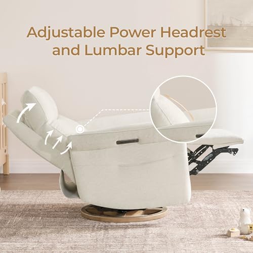 CHITA Power Recliner Chair, Electric Triple-Motor Swivel Glider Nursery Rocking Chair with Adjustable Power Headrest and Lumbar Support, GREENGARD Gold Certified, Solid Wood Base, Linen