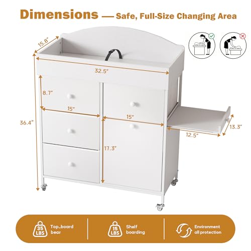 DTK Baby Dresser with Changing Table Top,4-Drawers Changing Table Dresser with Tile-Out Trash Cabinet and Pull-Out Shelf,Diaper Changing Station with Waterproof Pad and Storage for Nursery,White