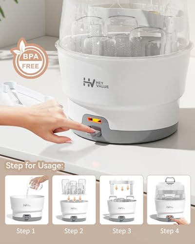 HEYVALUE Ease-Steam Bottle Sterilizer, Compact Baby Bottle Sterilizer, Fast One-Touch Operation (Esterilizador de Biberones), Electric Sterilizer for Baby Bottles, Baby Essentials & Breast Pump Parts