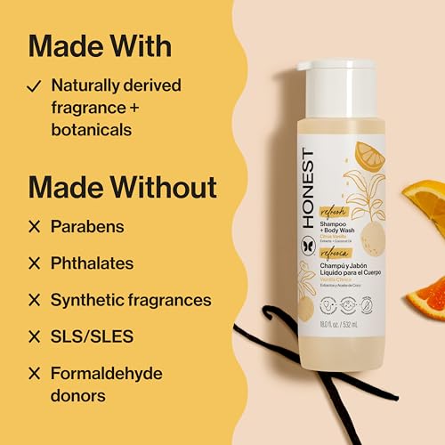 The Honest Company 2-in-1 Cleansing Shampoo + Body Wash | Gentle for Baby | Naturally Derived, Tear-free, Hypoallergenic | Citrus Vanilla Refresh, 18 fl oz