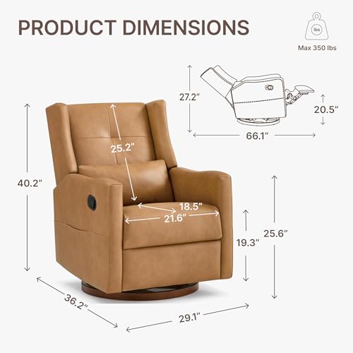 KISLOT Faux Leather Recliner Swivel Glider, 360° Rotation Nursery Chair Upholstered Reclining Rocker with Wood Base for Living Room Bedroom Nursery