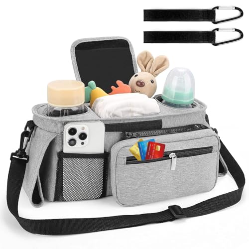 HFLYJPYW Universal Stroller Organizer with Insulated Cup Holder Detachable Phone Bag and Carry Strap Fits Uppababy, Baby Jogger, Britax, BOB, Umbrella and Pet Stroller and more (Light gray)