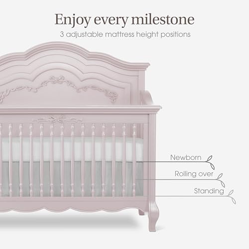 Evolur Aurora 5-in-1 Convertible Full-Size Baby Crib in Dusty Rose, 3 Mattress Heights, Ribbon Bow Scrollwork & Queen Anne Feet, Converts to Toddler, Day & Full-Size Bed