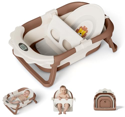 MoreFeel Foldable Baby Bathtub with Thermometer - 4-in-1 Grow-with-Me Collapsible Infant Tub (Newborn to Toddler) with Adjustable Mesh Sling - Space Saving Design