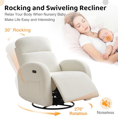Power Nursery Glider Recliner, Chenille Electric Rocker Recliner with Type-C & USB Port, Nursery Swivel Rocker Recliners with Double Pockets for Adult, Cream White