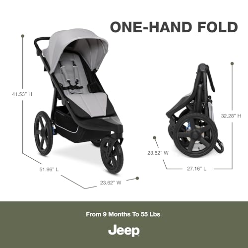 Delta Children - Jeep PowerGlyde Pro Jogging Stroller - 1-Step Back Brake & Hand Deceleration Disc Brakes for Speed Control - 1 Hand Fold, Soft Gray