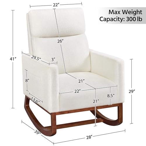 Yaheetech Upholstered Rocking Chair, Boucle Glider Chair Nursery Chair with High Back and Side Pocket, Rocking Accent Armchair with Rubber Wood Legs for Living Room/Bedroom/Nursery, Ivory