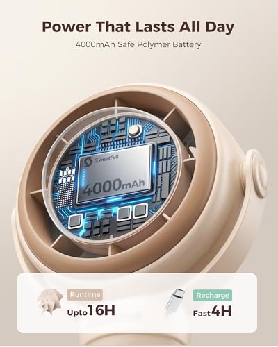SWEETFULL Baby Stroller Fan - 4000mAh Rechargeable 4-Speed Quiet with LED Display & Night Light, Mini Portable 360° Clip On Safe Fan for Car Seat, Crib, Travel - Brown
