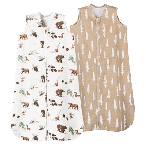 david's kids 100% Organic Cotton Baby Sleep Sack 6-12 Months, Soft Baby Wearable Blankets with 2-Way Zipper, 2 Pack Comfy Sleeping Bags for Infant Newborn Boys Girls, Medium Size, Woodland