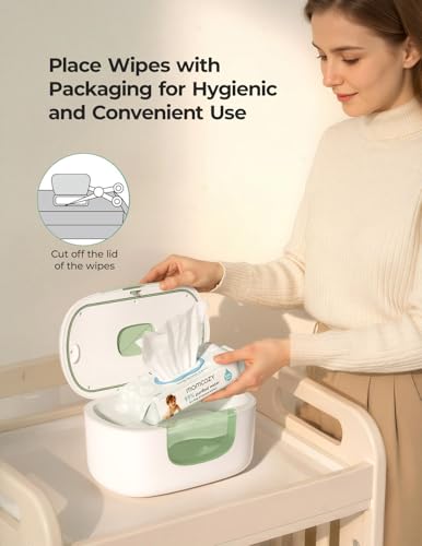 Momcozy New Baby Wipe Warmer, Large Capacity Wipe Dispenser Compatible with 60-80pcs,10-Min Fast Heating,4 Temperature Modes,Innovative Spring Design,Silicone&Top Seals,Even Heating,3-Level Nightlight