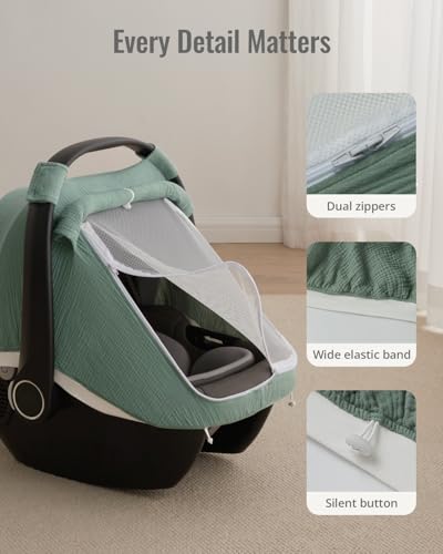 Blissful Diary Baby Car Seat Cover, Extra Large Mesh Window, Breathable Muslin Cotton, Infant Windproof Canopy, Must-Have Baby Gift - Roman Green