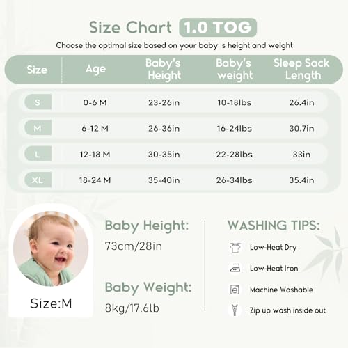 Yoofoss Rayon Made from Bamboo Baby Sleep Sack 6-12 Months 1.0 Tog Baby Wearable Blanket, Super Soft Infant Toddler Sleeping Sack 2-Way Zipper
