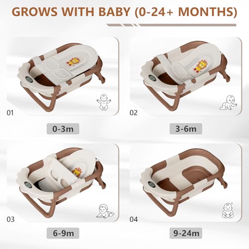 MoreFeel Foldable Baby Bathtub with Thermometer - 4-in-1 Grow-with-Me Collapsible Infant Tub (Newborn to Toddler) with Adjustable Mesh Sling - Space Saving Design