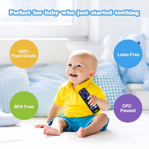 ERSIHUA 2-Pack Silicone Baby Teething Toys, TV Remote Teethers for 6-12-18 Months Infant, Fire Stick Remote Control Shape Baby Silicone Teethers, Chew Toys for Boys and Girls (New-F Black+R Purple)
