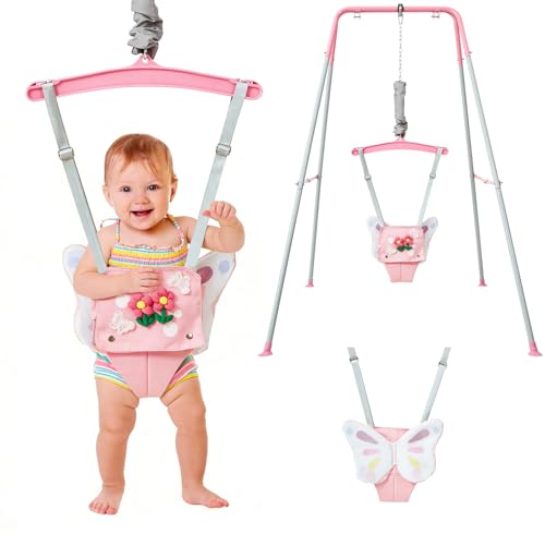 FUNLIO Baby Jumper with Stand for 6-24 Months, Infant Jumper for Indoor/Outdoor Play, Toddler Jumper for Baby Girl/Boy, with Adjustable Chain, Easy to Assemble & Store (with Stand) - Pink Butterfly