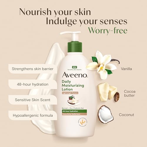 Aveeno Daily Moisturizing Lotion with A Cocoa Butter Vanilla Scent & Soothing Prebiotic Oat, Lightweight Lotion Provides 48-Hour Hydration for Sensitive Skin, Hypoallergenic, 18 fl. oz