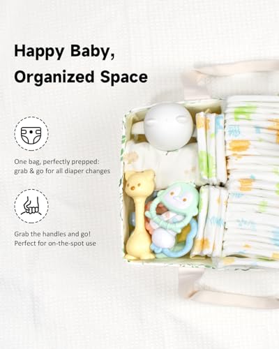 BuyCard Leaf Pattern Diaper Caddy Organizer, Nursery Storage Basket with Handle, Baby Essentials Holder, Cream with Green Floral Design