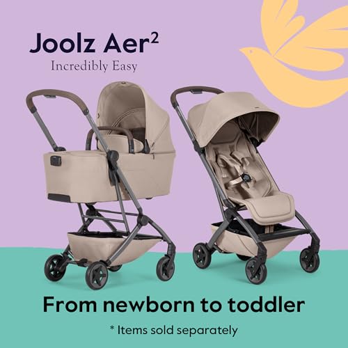Joolz Aer2 Lightweight Travel Stroller for Baby & Toddler – One-Hand Fold, Compact Carry-On Airplane Approved, Reclining Seat, UPF 50+ Canopy, Travel Pouch, Baby Net – Sandy Taupe