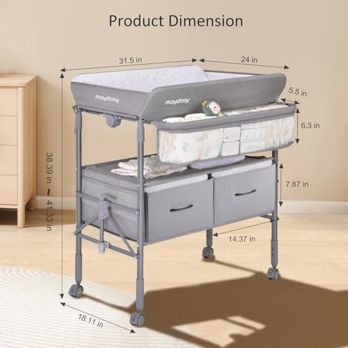 Maydolly Baby Changing Table, Maydolly Portable Foldable Changing Table, Waterproof Diaper Changing Station, Adjustable Height Changing Station, Mobile Nursery for Newborn and Infant