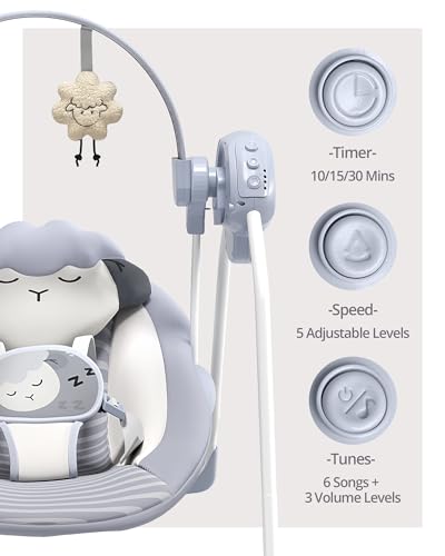 Baby Swings for Infants, Portable Baby Swing with 5-Speed, with Music and Timing for 0-9 Months 6-20 lbs