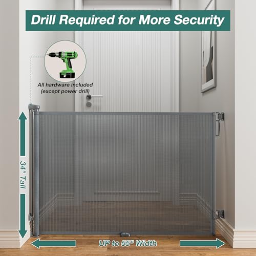 Babepai Retractable Baby Gates Extra Wide | 55" Wide x 34" Tall Dog Gates for Stairs | Indoor/Outdoor Use | Child Gates for Doorways, Deck, Porch, Hallways, Patio - Gray