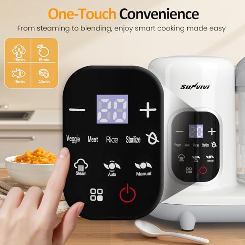 SUNVIVIPRO All-in-one Baby Food Maker: Baby Food Processor Blender Combo with Self Clean & LCD Display, Baby Food Puree Maker with Steam, Heating & Stirring, White Steamer Container Grinder