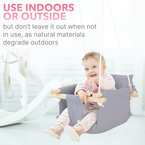 CaTeam Canvas Baby Swing Seat with 5-Point Safety Belt — Wooden Hanging Toddler Swing, Indoor & Outdoor, Ages 1-4, Ceiling Mount Hardware Included, Taupe Gray