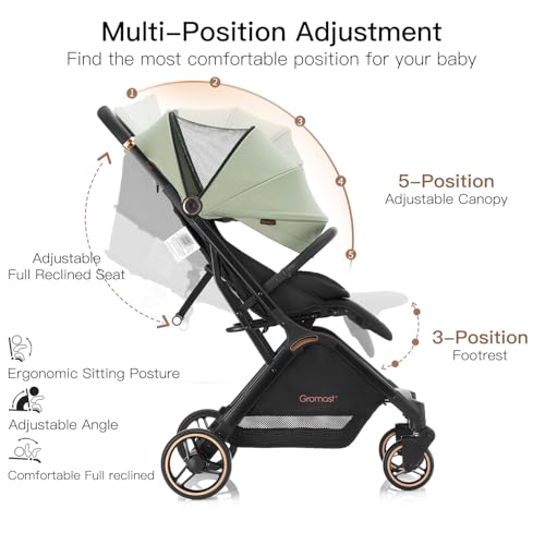 Gromast Gravity Folding Baby Stroller - Portable Travel Toddler Stroller w/Adjustable Backrest, Canopy & Cup Holder, Lightweight and UV Protected, One-Hand Automatic Folding - Green