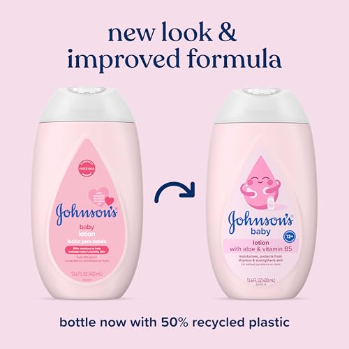 Johnson's Baby Lotion with Coconut Oil, Aloe Vera & Vitamin B5, 72 HR Hydration, Skin Moisturizer, Hypoallergenic, Newborn Safe, Protects From Dryness & Strengthens Skin, Baby Essentials, 13.6 fl. oz