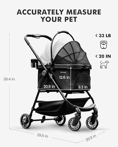 Pawccoli Pet Stroller for Small Dogs and Cats, One-Click Foldable Dog Stroller with Detachable Carrier & 3 Safety Tethers, Holds up to 33 lbs, Storage Basket & Cup Holder, Breathable Mesh, Black