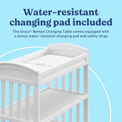 Graco Benton Changing Table with Bonus Water-Resistant Changing Pad (White) - GREENGUARD Gold Certified, Includes Diaper Change Pad with Safety Strap, 2 Open Storage Shelves for Organizing