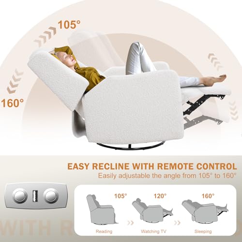 SENYUN Power Recliner Chair Swivel Glider, Large Rocker Recliner w/USB Charging Port, Boucle Upholstered Swivel Rocker Glider Recliner for Nursery,Bedroom,Living Room, 1PC, Cream