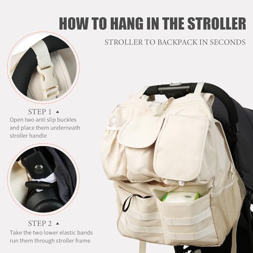 JIYIFOUHY 2-in-1 Stroller Organizer Baby Diaper Bag Backpack,Insulated Bottle Holder,Wipes and Phone Pocket,Shoulder Strap Toddler Travel Essential Storage Universal Stroller Accessory (Beige)