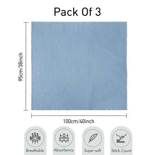Muslin Swaddle Blankets for Newborn, 3-Pack Cotton Receiving Blankets, Large 40 x 38 inches, Baby Blankets for Boys and Girls, Wrap Burp Cloths, Registry Essentials, Shower Gifts, Elephant & Blue