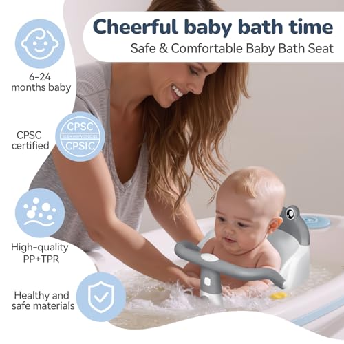 Baby Bath Seat for Babies 6 Months & Up - One-Handed Snap-On Armrest Baby Bath Chair | 4 Suction Cup Non-Slip Baby Bathtub Seat with Storage Bag | Ergonomic Infant Bath Seats for Baby Sitting Up Grey