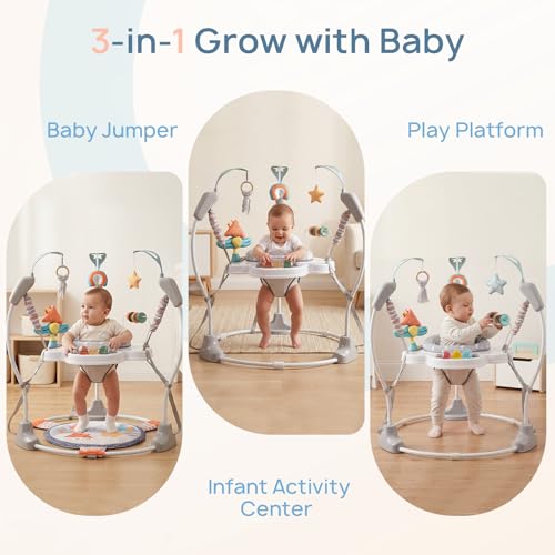 Baby Activity Center, Baby Jumper Activity Center with Music, Interactive Toys, 360° Rotating Seat, 3 Adjustable Heights, Infant Activity Jumper for 6+ Months (Gray Forest)