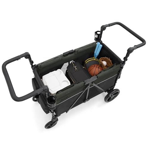 Jeep Aries Stroller Wagon by Delta Children Premium Wagon for 2 Kids with Convertible Seats, Adjustable Push/Pull Handles, Removable Canopy & Flat Fold - Greenguard Gold Certified, Black/Green
