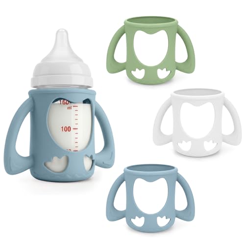 Mamalovey 3 Pack Silicone Baby Bottle Handles & Holders for Pigeon Bottles 5.4oz, Food Grade Anti-Breakage Silicone Sleeve for Glass Bottle - Great Upgrade for Your Baby Bottle Sets (White+Green+Blue)