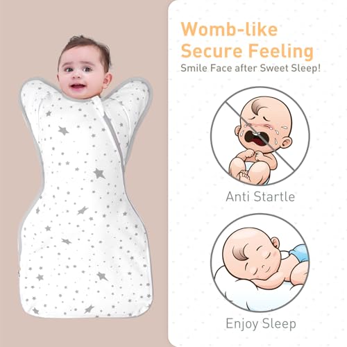 Baby Sleep Sacks Swaddles for Newborn 0-3 Months Arms Up Swaddle Blanket 2 Packs Cotton, Hands Up 3-Way Transitions to Arms-Free Wearable Sleeping Sack Bag for Boys Girls Snug Fit Calms Startle Reflex