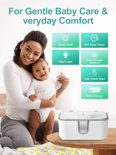 KOSTTE Baby Wipes Warmer, Larger Capacity Wipe Dispenser, Even Heating Diaper Wipe Warmer with Night Light, On/Off Switch, White