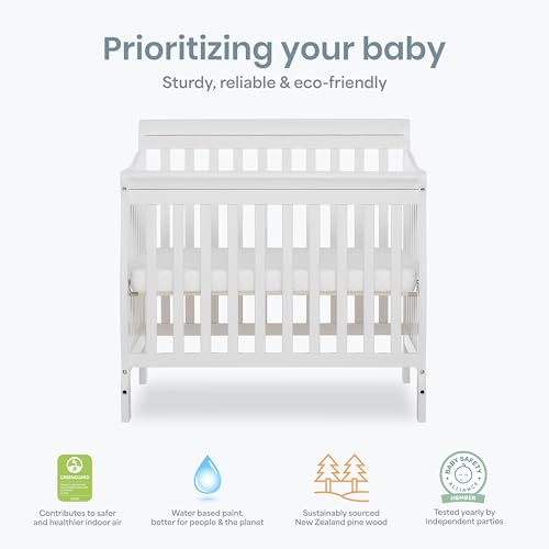 Dream On Me Aden 4-in-1 Convertible Mini Baby Crib, GREENGUARD Gold & BSA Certified, Sustainable Pinewood, Non-Toxic Finish, 3 Mattress Heights, Converts to Mini Day & Twin-Size Bed - White