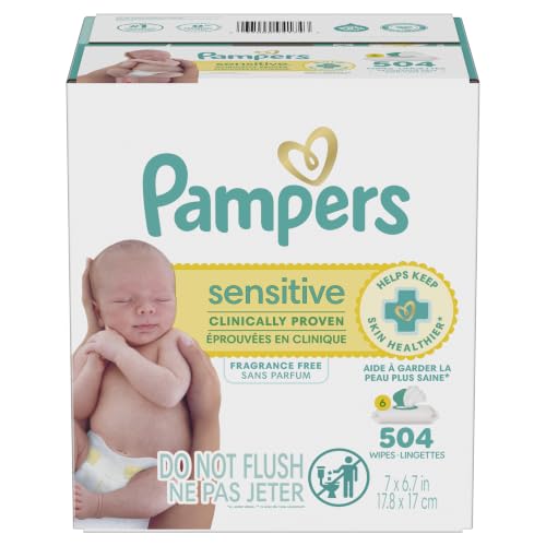 Pampers Sensitive Baby Wipes, Clinically Proven, Fragrance Free, Unscented, Water Based, Hypoallergenic, Multi-Use, Hand Wipes 504 Wipes Total (6X Flip-Top Packs) [Packaging May Vary]