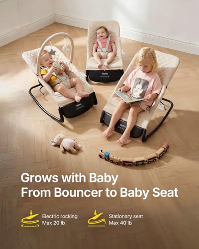 Electric Baby Bouncer Seat with Auto Rocking, 3-in-1 Infant Bouncer & Rocker Chair, Adjustable Height, Battery or Plug-in Powered, Music & Play Bar, Portable Baby Bouncer for Babies 0-12 Months