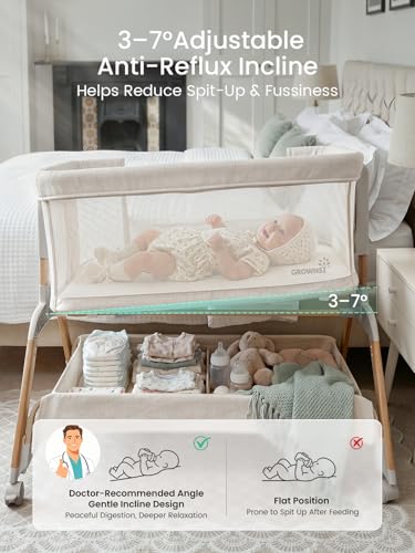 GROWNSY 5-in-1 Baby Bassinet Bedside Sleeper with Gentle Rocking Mode, 6 Adjustable Heights, Full Breathable Mesh, Convertible to Portable Crib, Bassinets with Mattress & Wheels, Beige